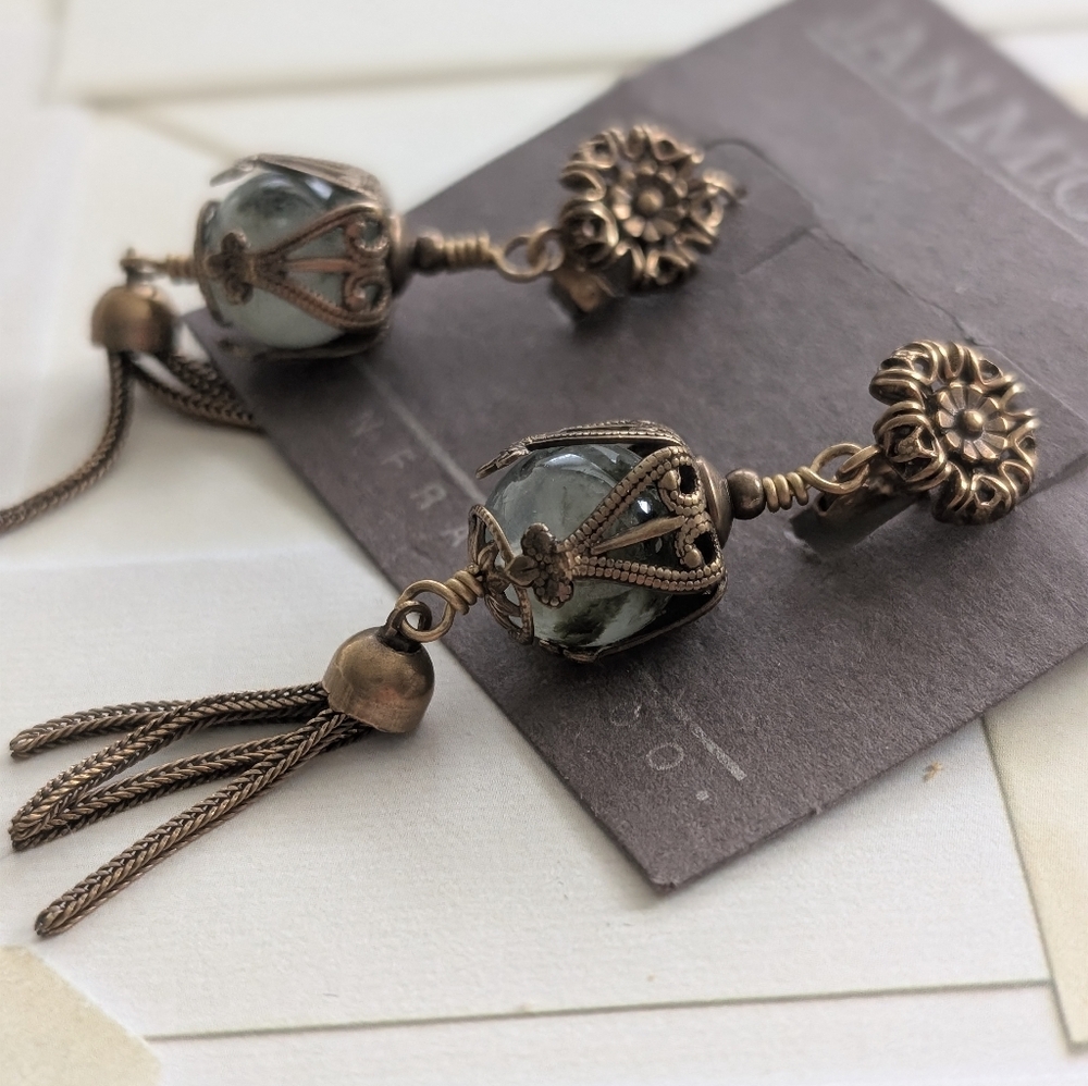 Jan Michaels of San Francisco Artisan Earring Green Glasss Stone & Brass - Picture 5 of 7